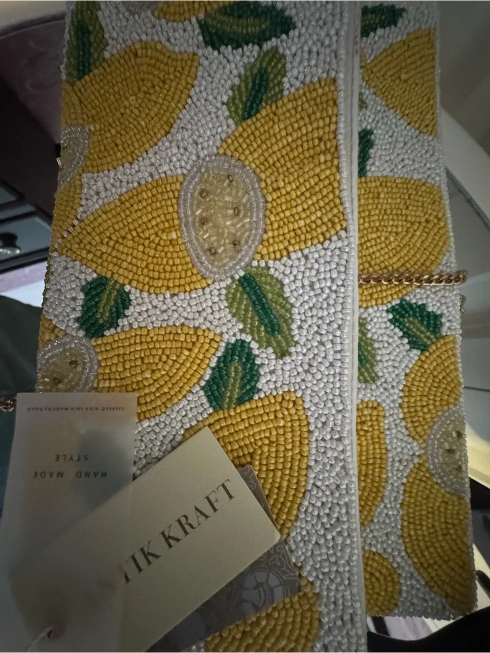 Antik Kraft Hand-Beaded Print Clutch Bag in Yellow and White